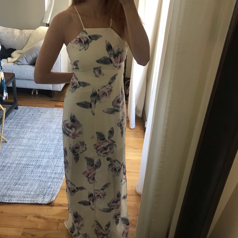 Halter maxi dress with purple floral pattern